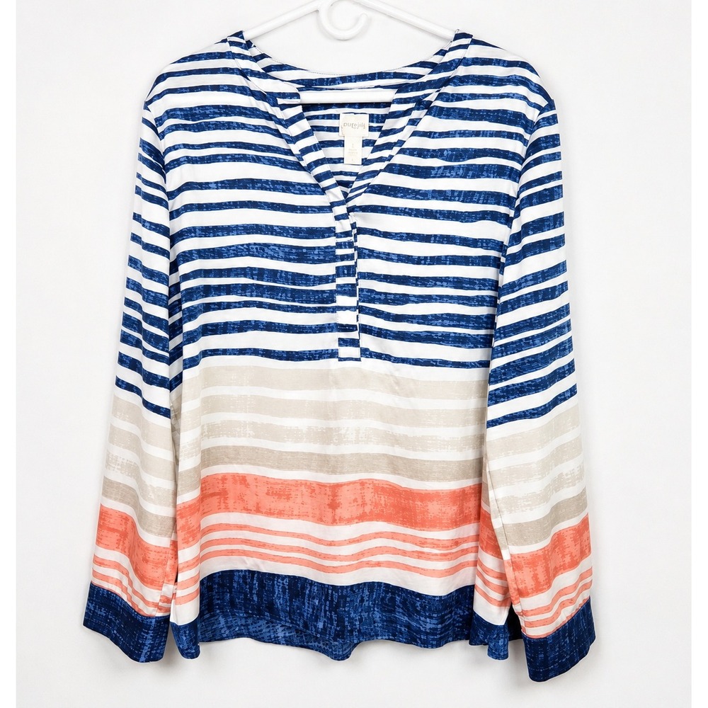 Chico's Split Neck Long Sleeve Blouse Blue Coral Size 2 Large‎ Coastal Beachy
